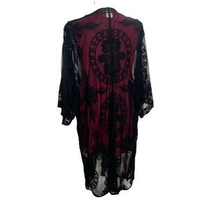 Women’s Plus Size Black Sheer Lace Floral Kimono Duster Open Front Size XXL